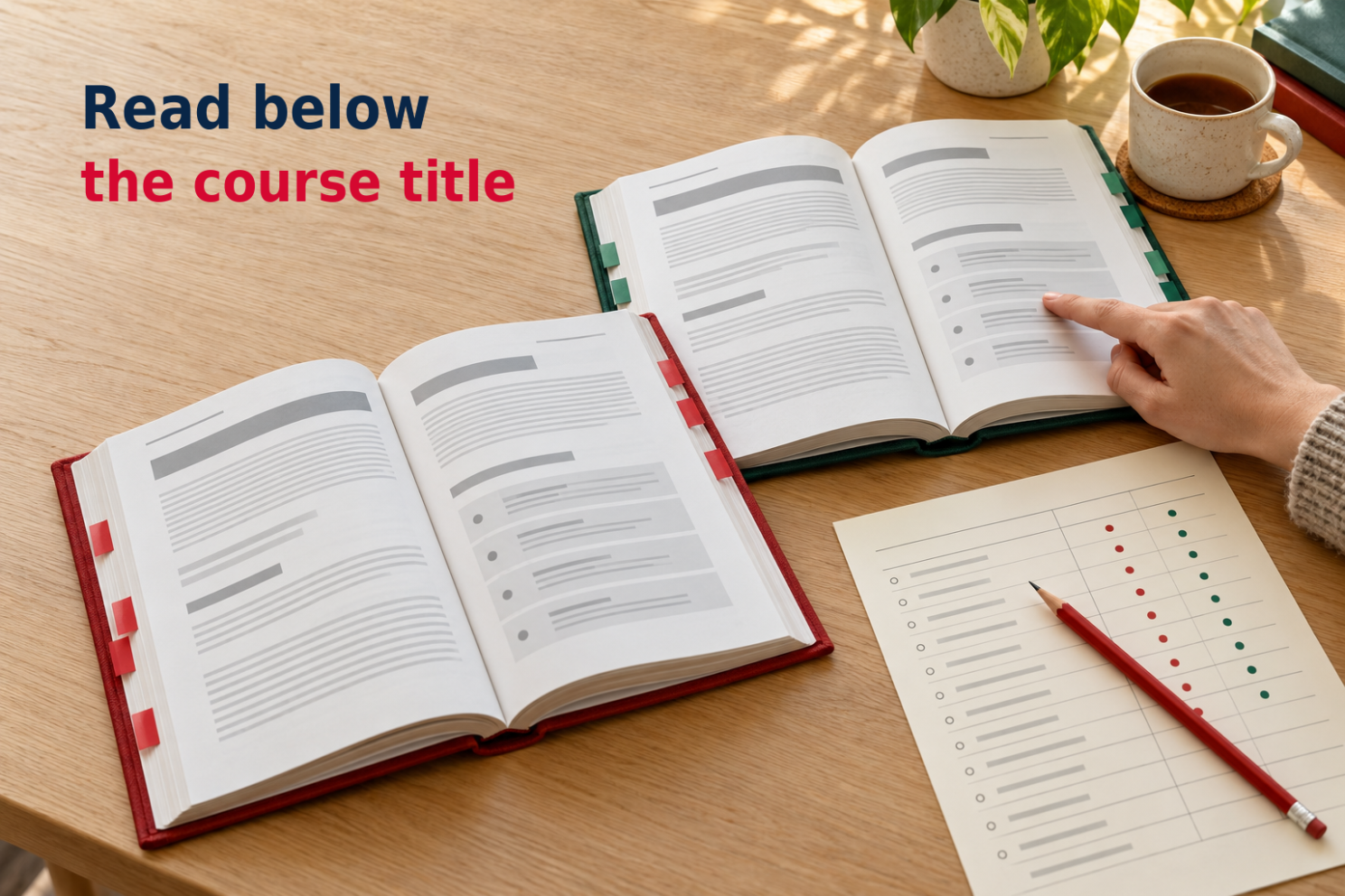 Two generic red- and green-tabbed programme handbooks and a comparison evidence sheet are examined side by side; no actual university documents or facts are shown.