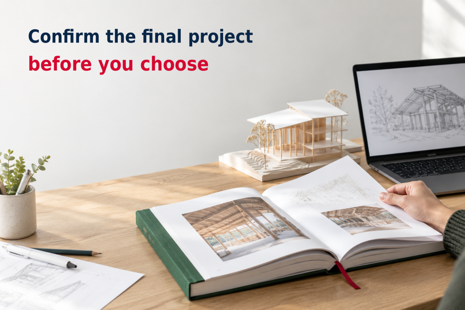 A generic bound project report, model and digital design on a light workbench illustrate tangible final-project outputs; formats and availability require programme confirmation.